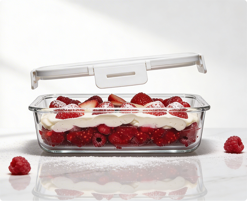 Glass roasting dish being held