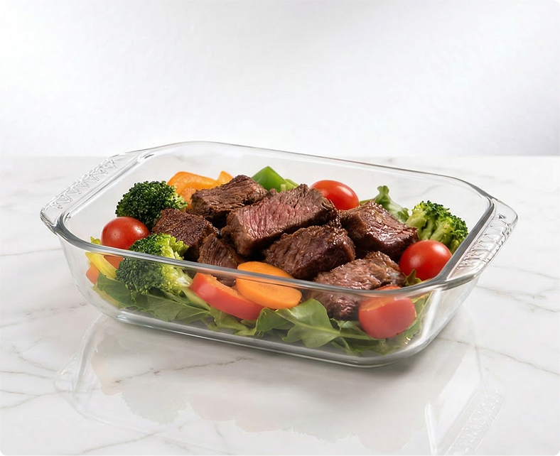 Glass baking tray with food